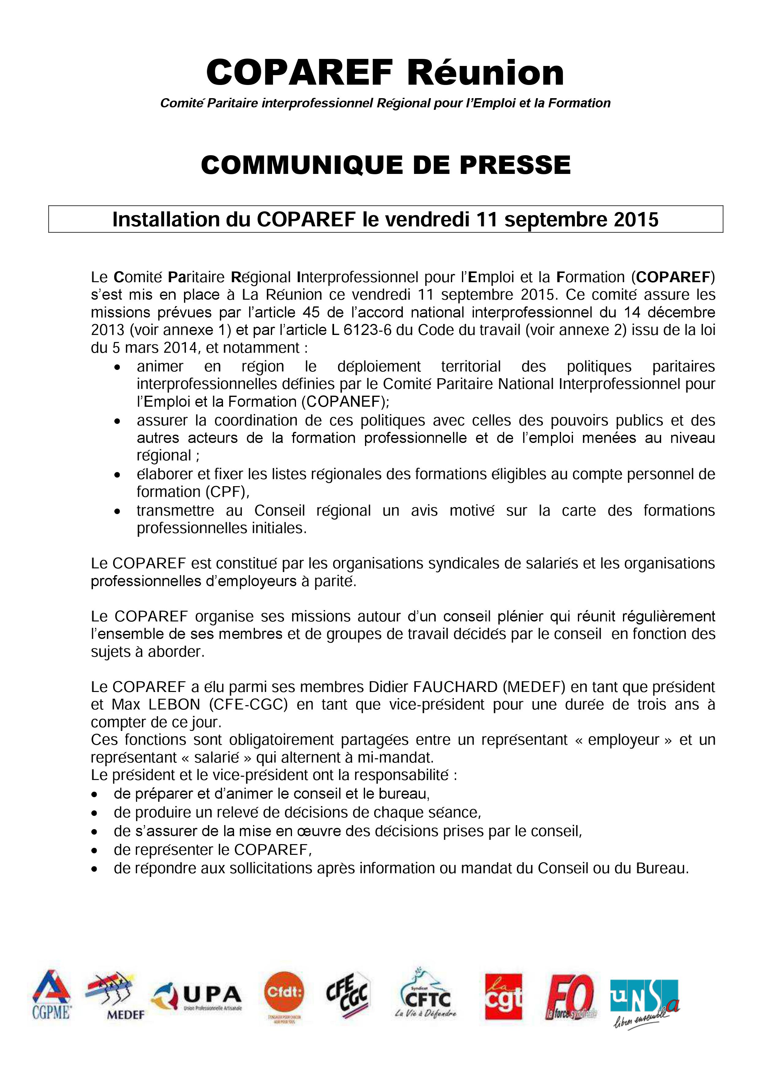 Communiqué du Comité Paritaire interprofessionnel Régional pour l’Emploi et la Formation