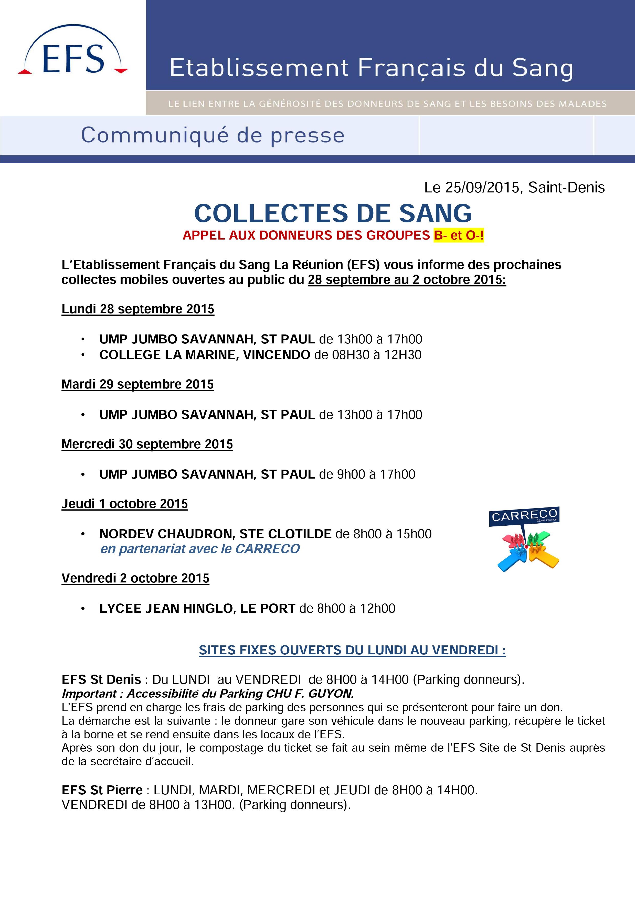 planning des collectes mobiles de sang pour la semaine du lundi 28 septembre au vendredi 2 octobre 2015