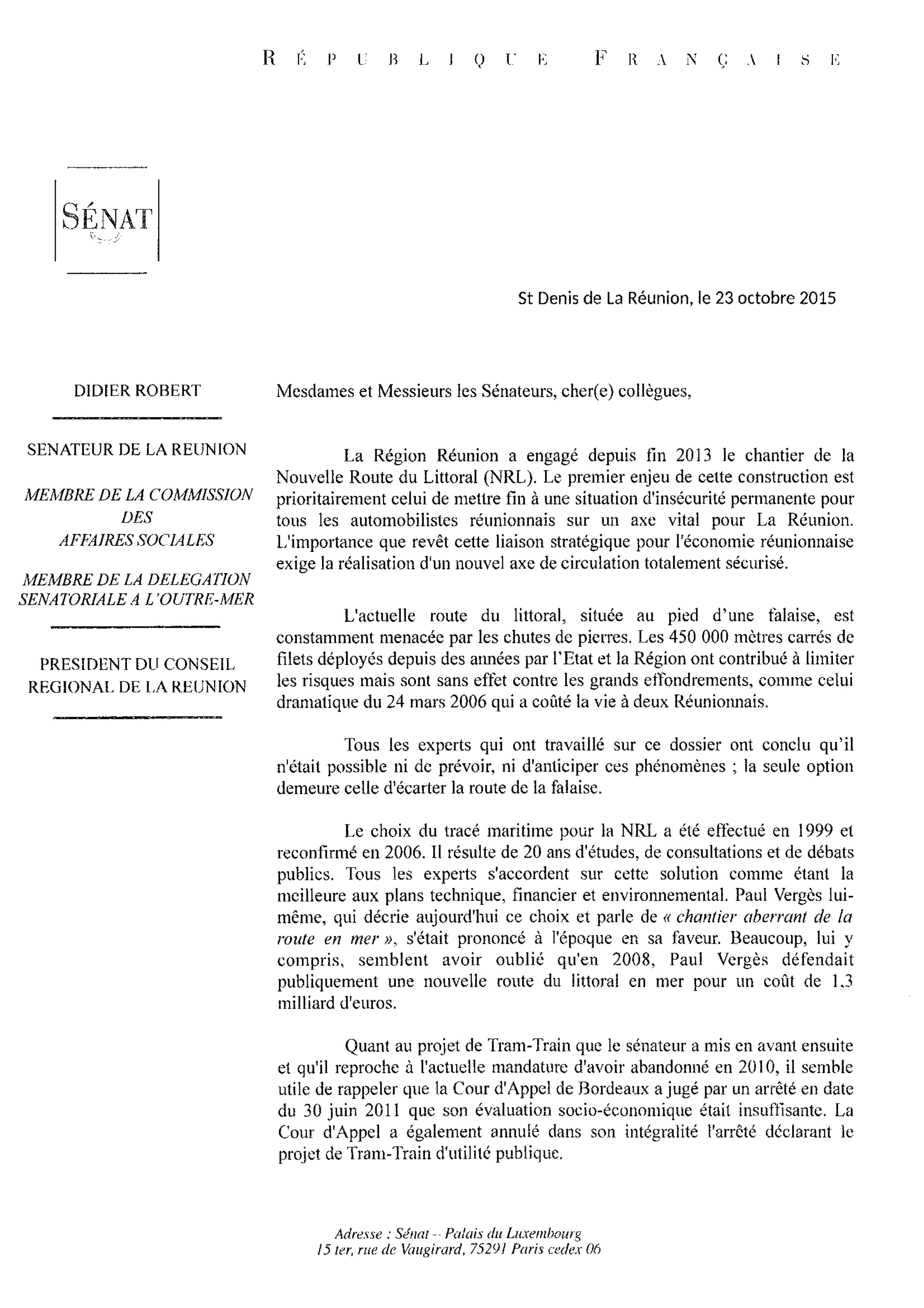 Didier Robert réagit aux questions posées au Sénat sur la NRL