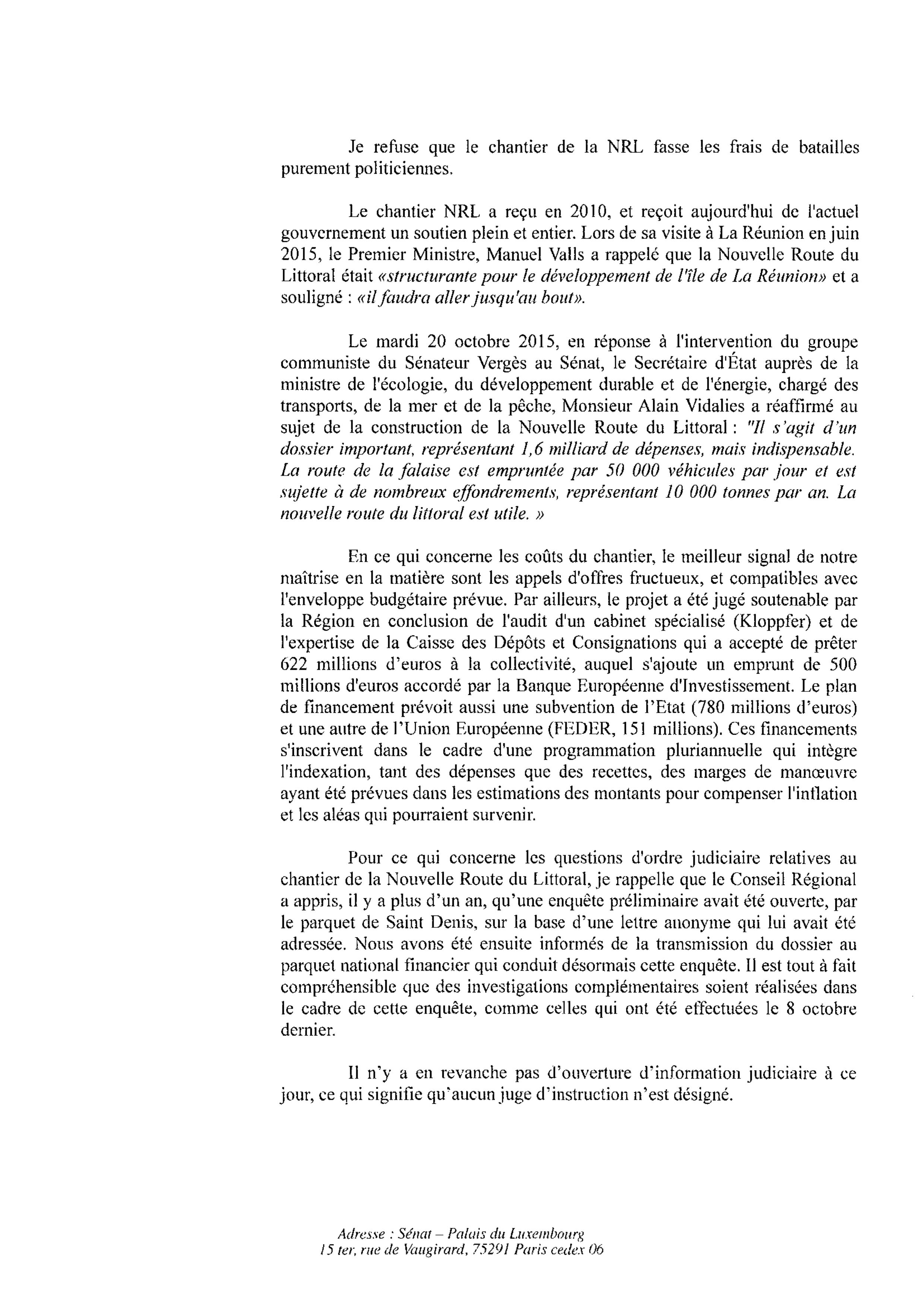 Didier Robert réagit aux questions posées au Sénat sur la NRL