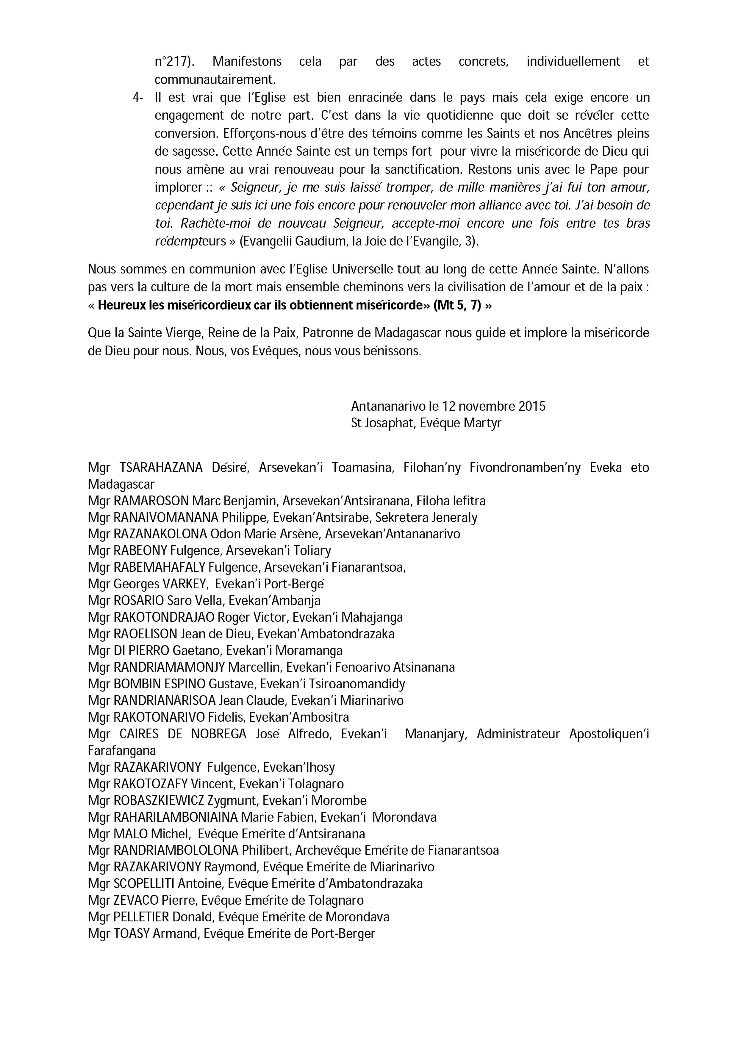 Je remercie les Évêques Malgaches