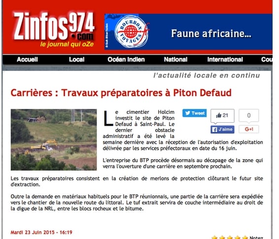 Carrière de Piton Défaud : L’autorisation d’exploiter a été signée par le Préfet le 16 juin 2015