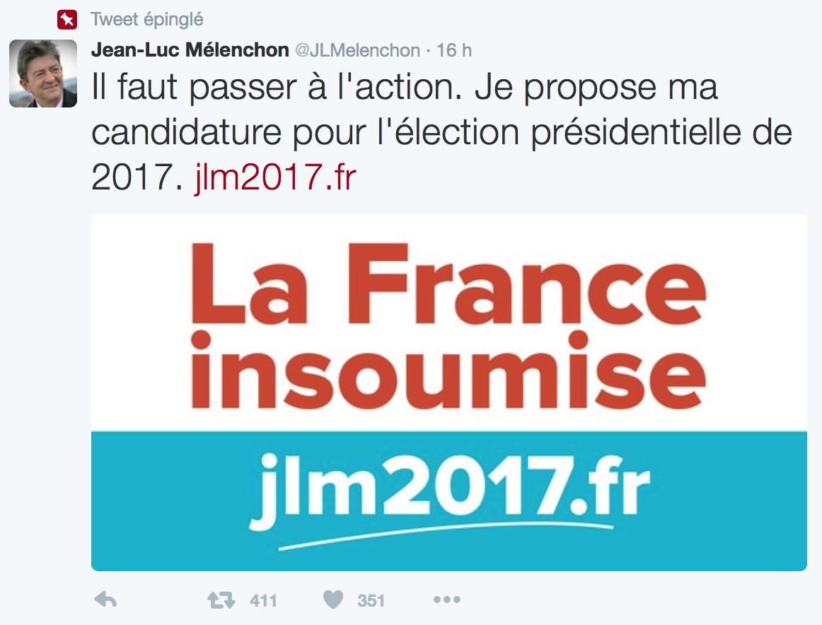 Jean-Luc Mélenchon annonce sa candidature à la présidentielle de 2017
