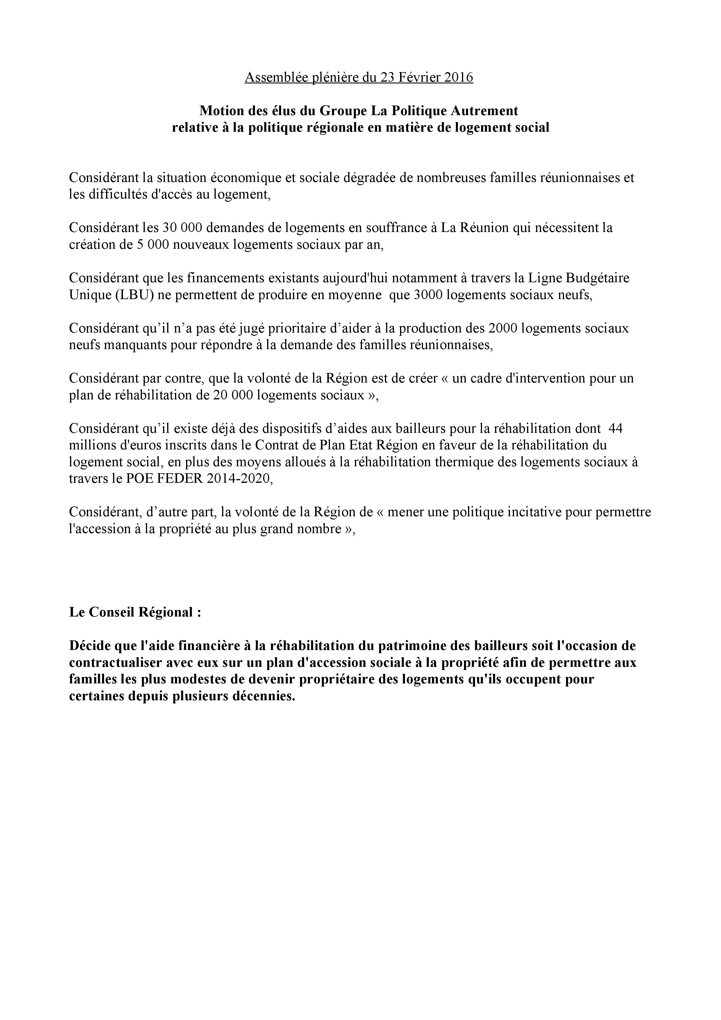 Motions du LPA à l'assemblée plénière de la Région du mardi 23 février 2016