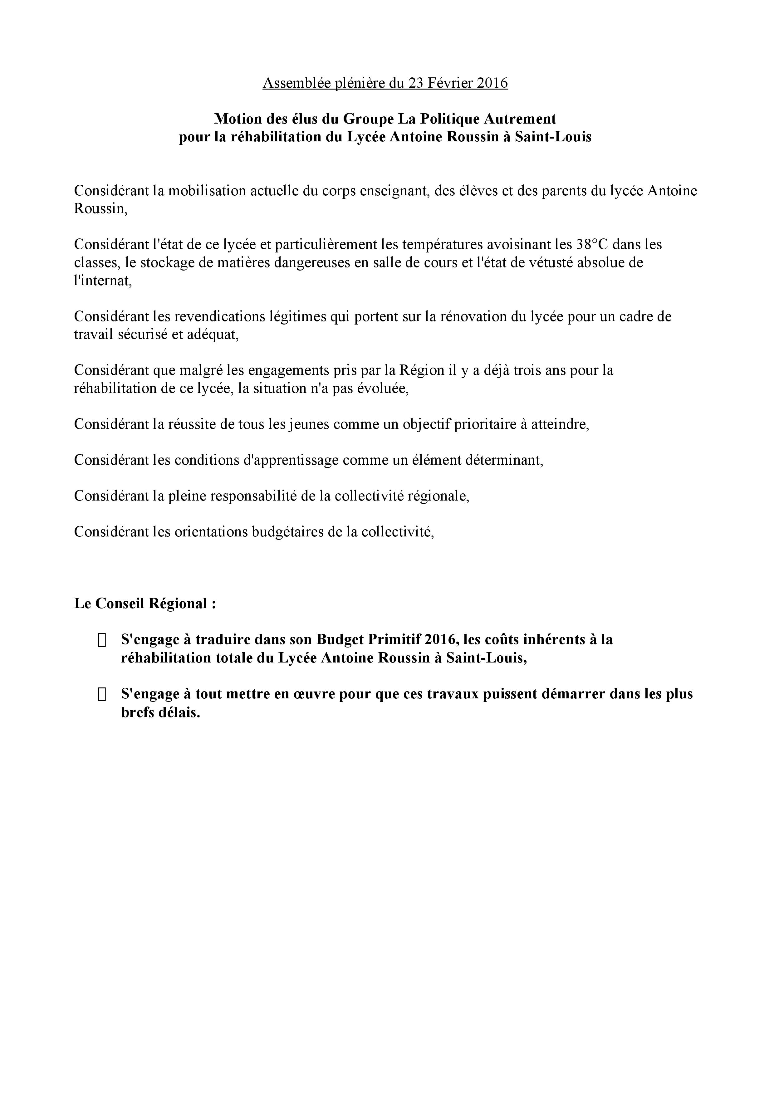 Motions du LPA à l'assemblée plénière de la Région du mardi 23 février 2016