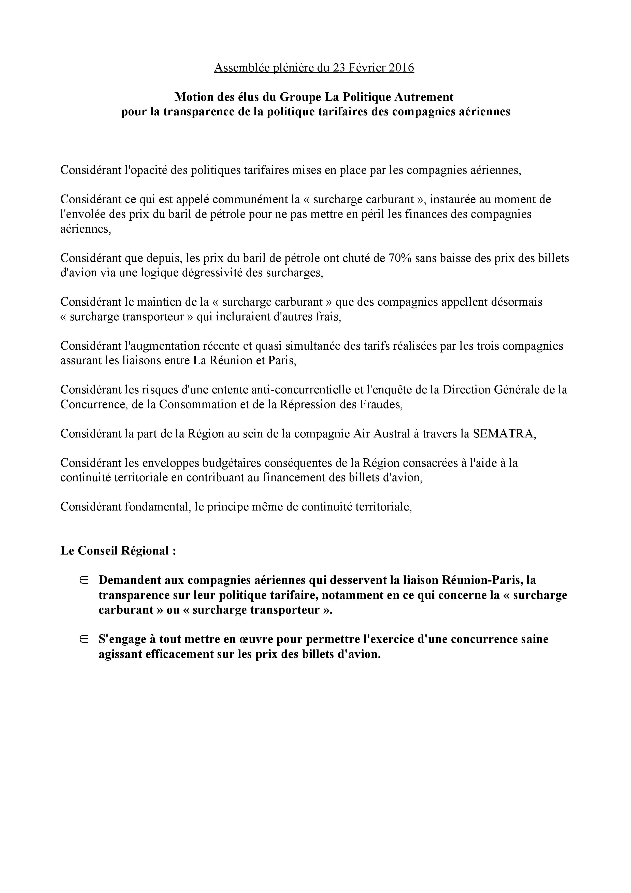 Motions du LPA à l'assemblée plénière de la Région du mardi 23 février 2016