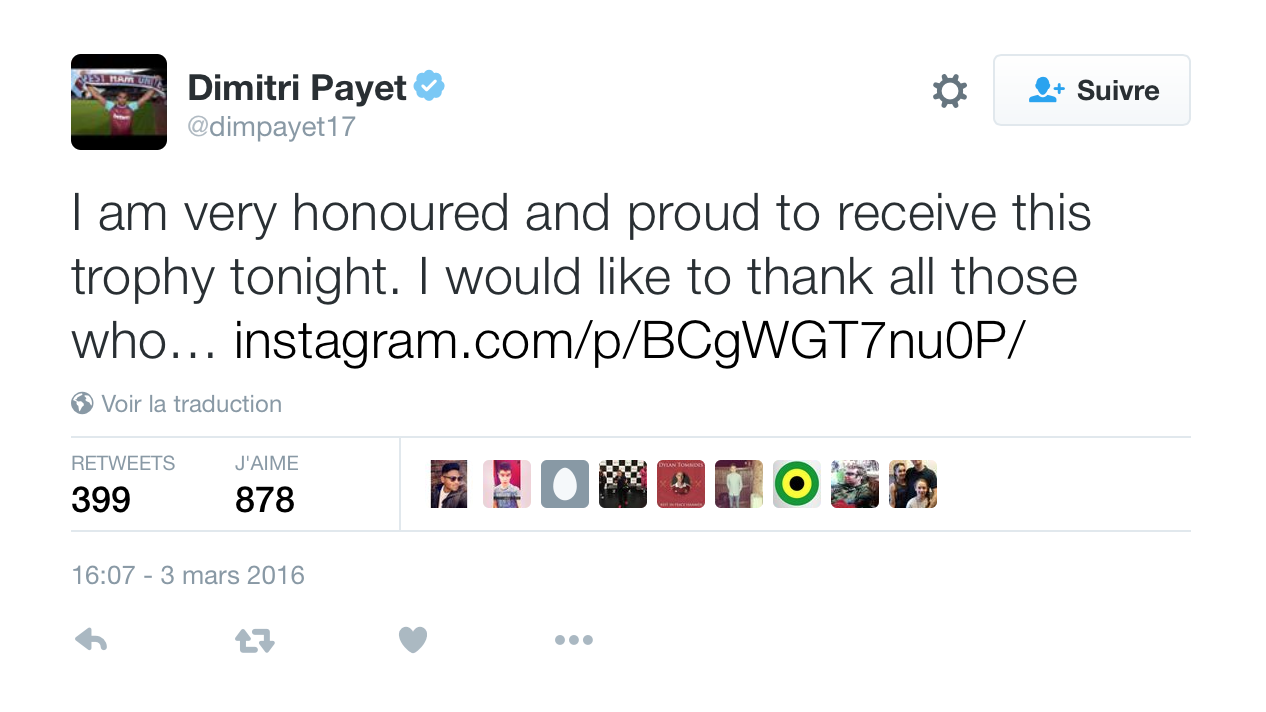 Dimitri Payet élu meilleur footballeur londonien
