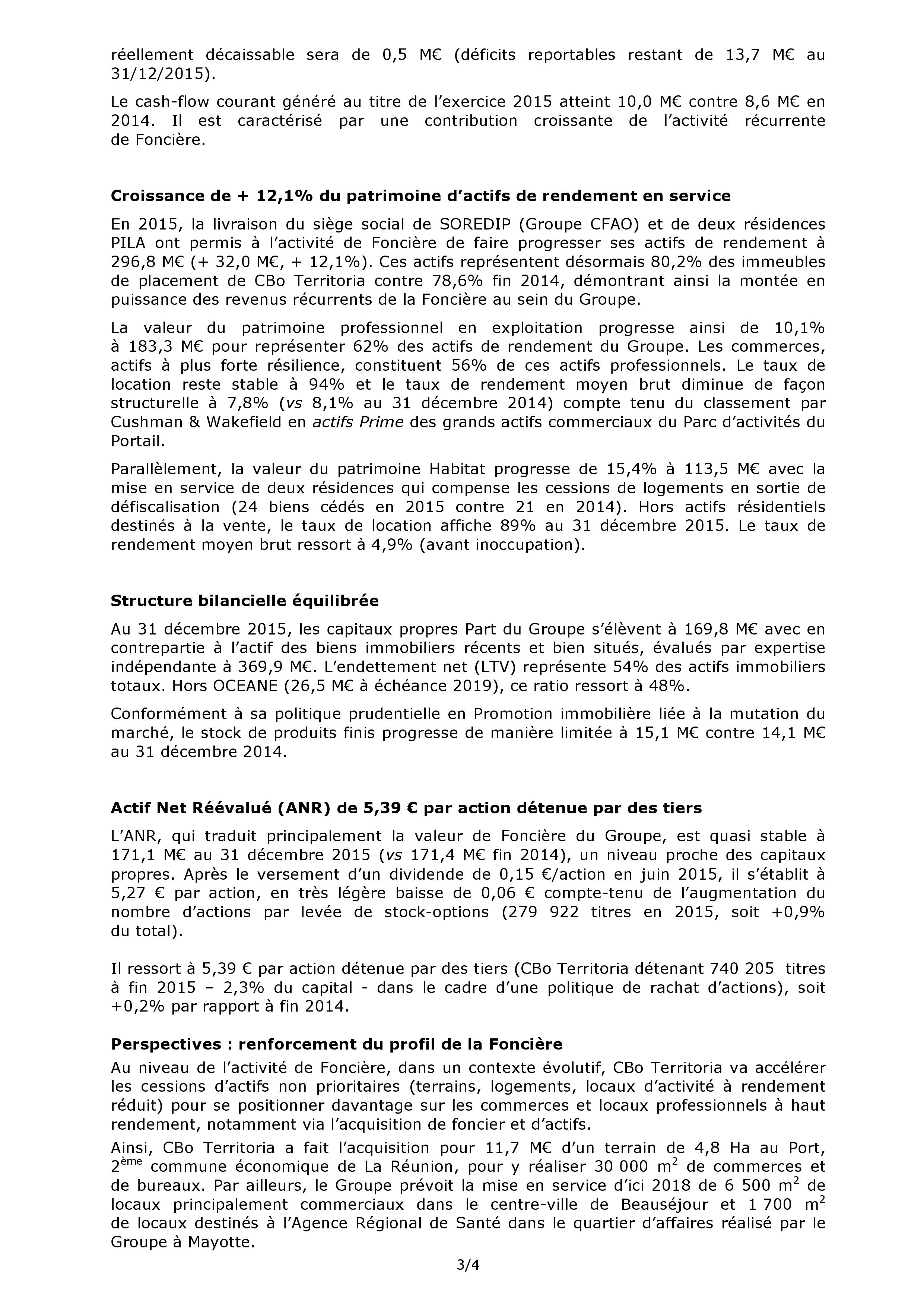 Le chiffre d'affaires de CBO Territoria en hausse de 13% par rapport à 2015