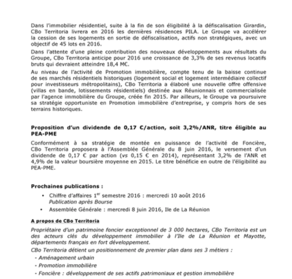 Le chiffre d'affaires de CBO Territoria en hausse de 13% par rapport à 2015