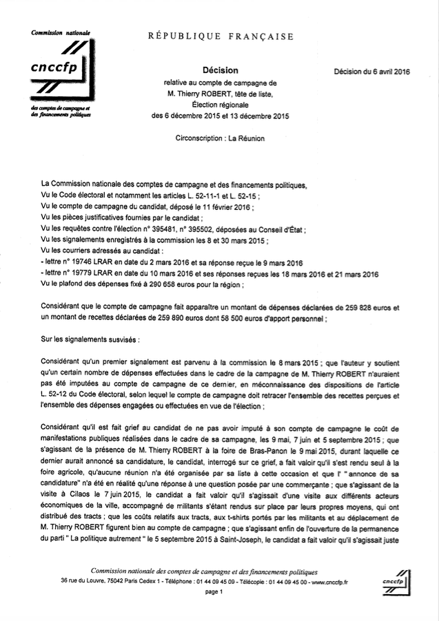 Régionales : Les comptes de campagne de Thierry Robert approuvés
