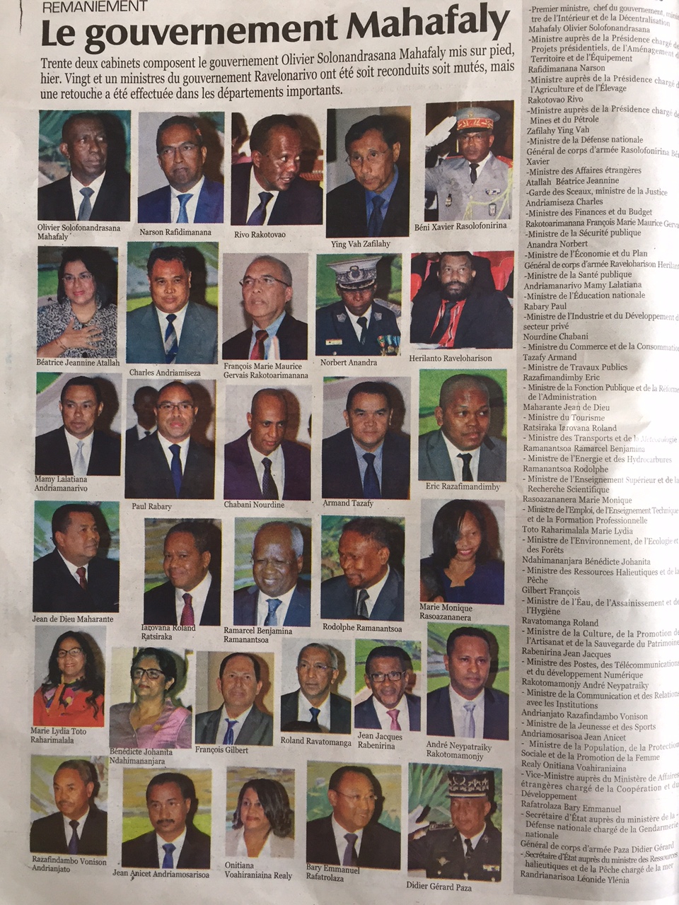 La composition du nouveau gouvernement malgache dévoilée