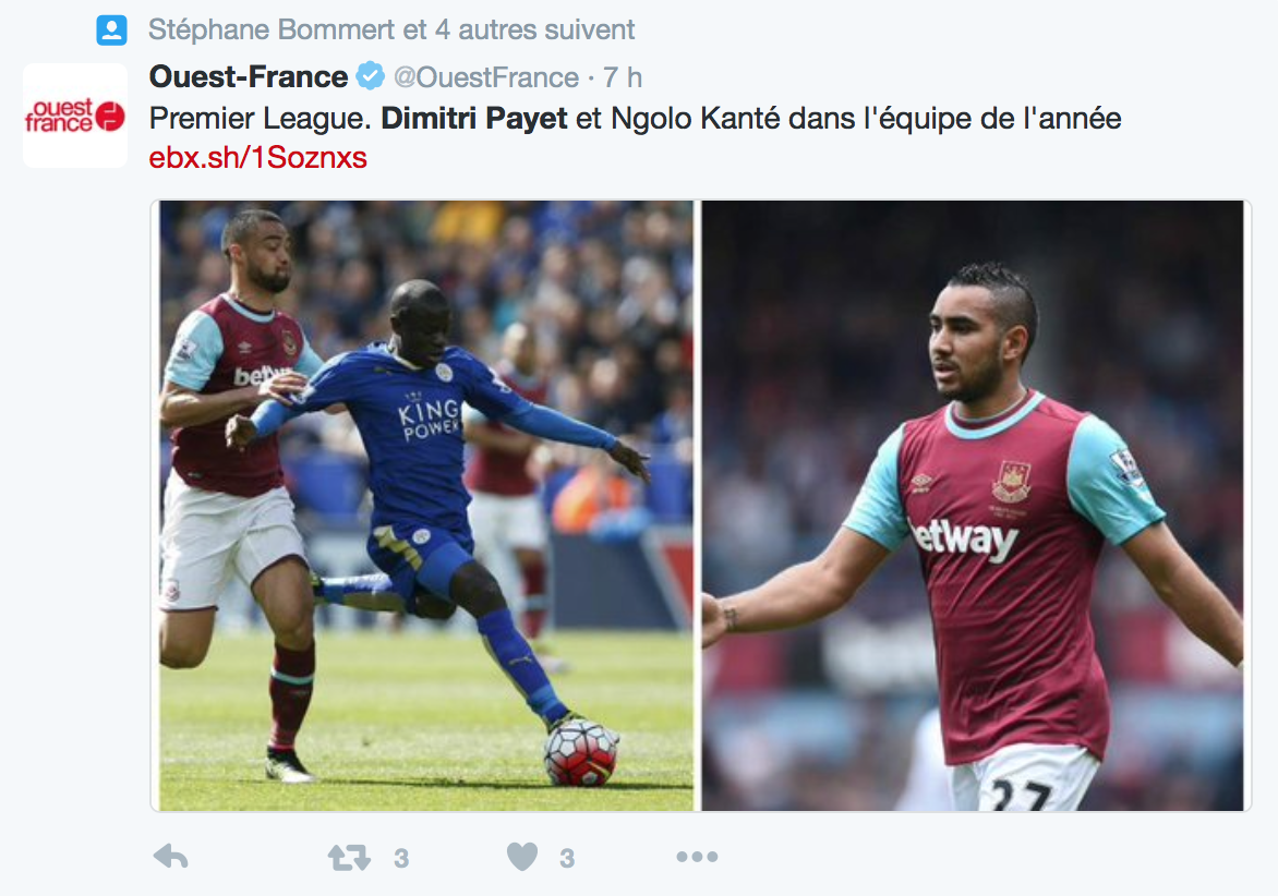 Dimitri Payet dans l’équipe type de Premier League 2015-2016